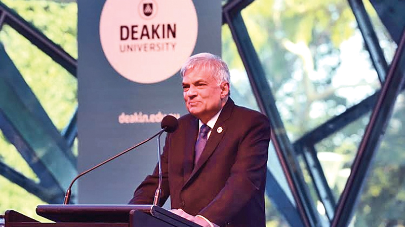 Prime Minister Ranil Wickremesinghe delivering the keynote address at the Deakin University Law Faculty on Thursday. Picture by Malan Karunaratne