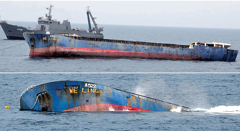The A522 vessel being sunk in the deep sea area off the western coast of Sri Lanka by Naval personnel. According to unconfirmed reports the bulletproof vehicles were on board the vessel that was sunk.  Pictures courtesy Sri Lanka Navy Media Unit