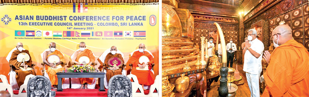 The 13th Executive Council Meeting of the Asian Buddhist Conference for Peace was held at  the Sri Sambodhi Viharaya in Colombo yesterday, with delegates of other Asian Buddhist nations joining via Zoom technology. Here President Gotabaya Rajapaksa participates in religious observances before the commencement of proceedings with Viharadhipathi Ven. Boralande Vajiragnana Thera. Left: The Maha Sangha at the conference. Pictures by President’s Media Division