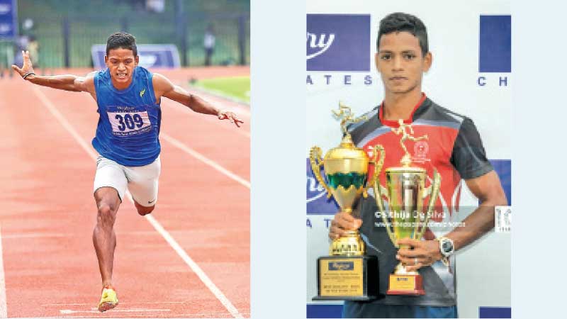 Chamod Mahinsasa Yodasinghe in action at a meet.    Pictures. by Upananda Jayasundera-Kandy Sports Spl.Corr     -Chamod Mahinsasa Yodasinghe with  the Trophy for being the Best Athlete.