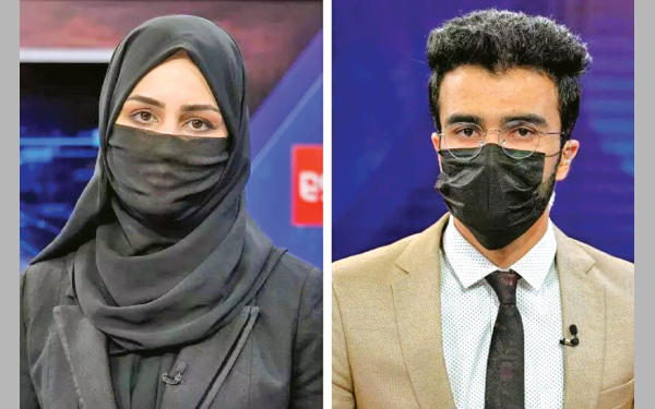 TV presenter Hatereh Ahmadi covers her face as she reads the news on TOLO NEWS in Kabul due to restrictions imposed by the Taliban. (Right) News anchor Hamed Bahram wears a mask in protest. 