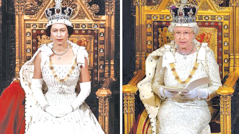 Files of photos of Queen Elizabeth II who was crowned on June 2, 1953 at Westminster Abbey (L) and delivering the Queen's Speech at the official State Opening of Parliament in London on October 14, 2019. 