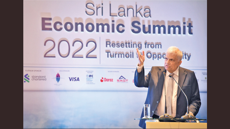 President Ranil Wickremesinghe speaking at the Sri Lanka Economic Summit 2022 held at the Shangri-La Hotel, Colombo on Monday (05).