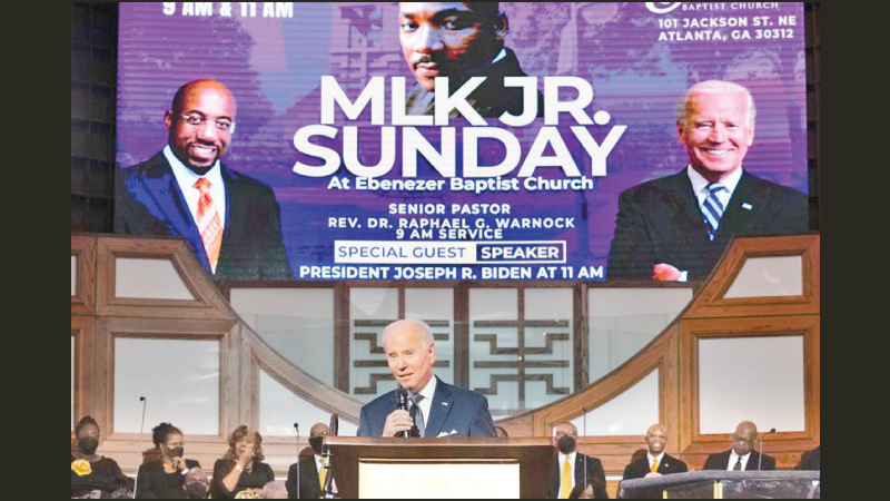US President Joe Biden speaking at the Ebenezer Baptist Church in Atlanta, Georgia honouring Dr. Martin Luther King Jr. on Sunday.