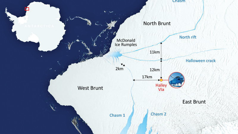 A graphic showing where the Brunt Ice Shelf is on Antarctica. Picture courtesy British Antarctic Survey