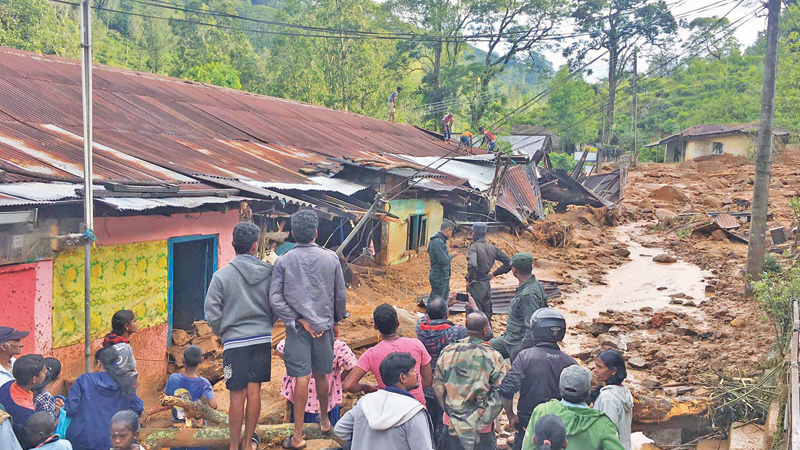 Picture shows houses of plantation workers damaged by the earth slip at Kabaragala Estate, Poonagala in Koslanda. Picture by Hali Ela Special Corr. 