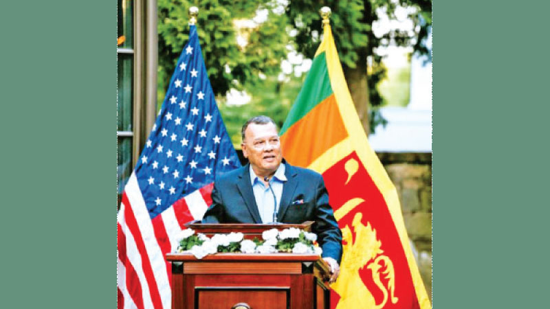 Sri Lanka’s Amabassador to the United States Mahinda Samarasinghe speaking at a reception at the Embassy premises in Washington D.C. on May 19, 2023. 