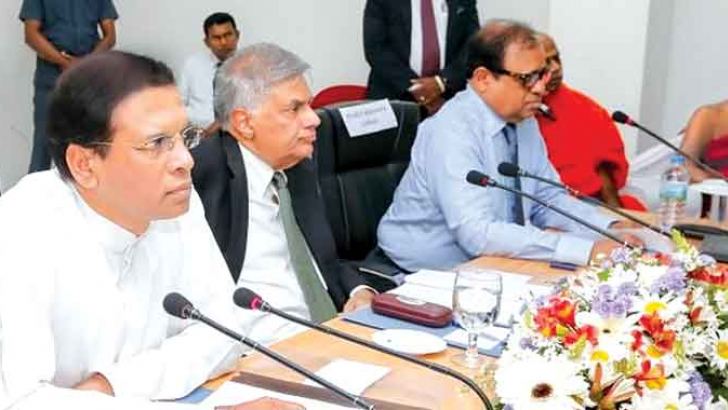 President Maithripala Sirisena and Prime Minister Ranil Wickremesinghe at the Progress Review Meeting to provide compensation to families affected by the Meethotamulla tragedy. 
