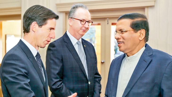President Maithripala Sirisena who arrived in Canberra yesterday on a three-day State visit on the invitation of Australian Prime Minister Malcolm Turnbull received by Official Secretary to the Governor General Mark Fraser and Education Minister Senator Simon Birmingham. Picture courtesy President’s Media Division