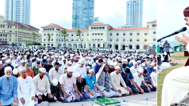 Islam devotees participating in special prayers to mark Eid-ul-Fitr at the Galle Face Green conducted by Moulavi Al Haj Eishan Qadri yesterday. Pictures by Saman Sri Wedage 