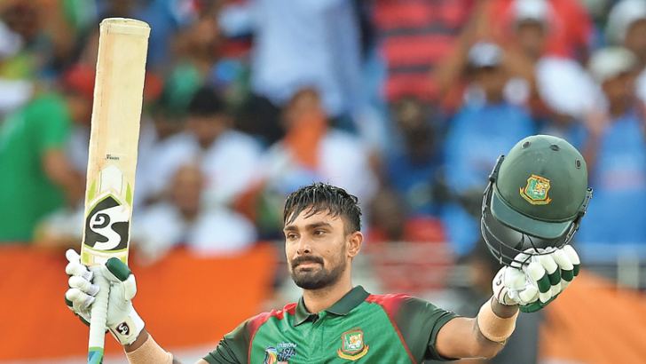 Bangladesh opener Liton Das celebrates his maiden ODI century in the Asia Cup final against India at the Dubai International Cricket Stadium on Friday. - AFP     