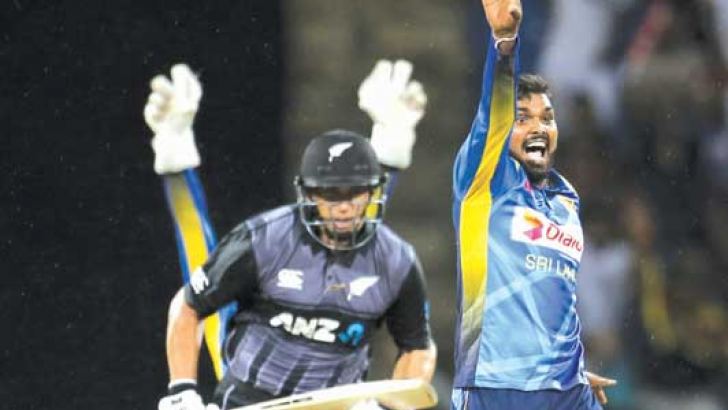 Sri Lanka’s Wanindu Hasaranga traps New Zealand’s Ross Taylor lbw for 48 in the first T20I played at Pallekele International Stadium on Sunday. Picture by Rukmal Gamage