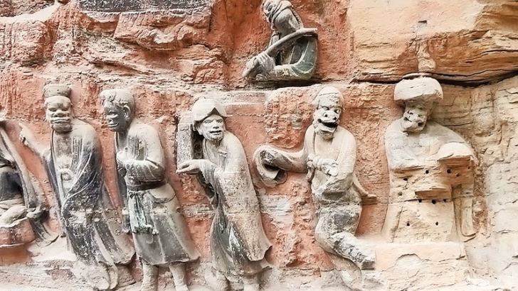 Dazu Rock Carvings depicting the heretical teachers: Purana Kassapa, Makkhali Gosala, Sanjaya Belatthiputta, Ajita Kesakambali and Pakudha Kaccayana.