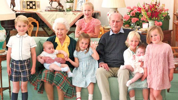 Queen Elizabeth and Prince Philip with seven of their great grandchildren.