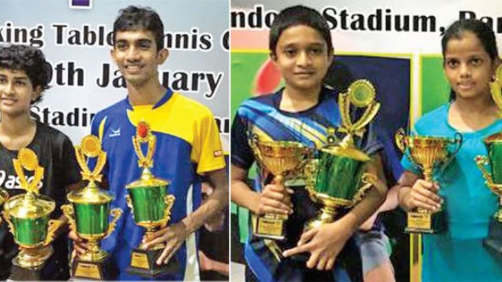 Left:- Bimandee Bandara and Chameera Ginige women’s and men’s champions with their trophies . Right:- Two Most Promising Players Agasthiya Anandith and Anudhi Ariyaratne with their trophies