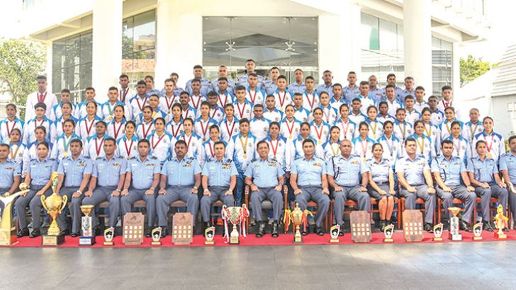 The Commander of the Air Force, Air Marshal Sudarshana Pathirana with victorious sports persons at the Headquarters of the Sri Lanka Air Force.