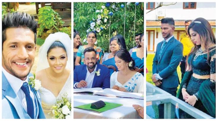 Kasun Ranjitha (left) at his wedding while Charith Asalanka and Pathum Nissanka on their registration ceremonies at Colombo yesterday 