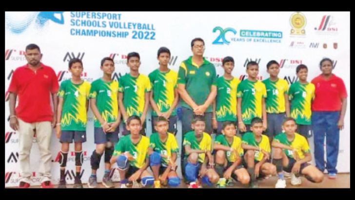 Dhammissara National School Nattandiya the winners of the All Island under 13 Volleyball Championship and their team posed for a photograph after clinching the Trophy. (Picture by Dilwin Mendis Moratuwa Sports Special Correspondent) 