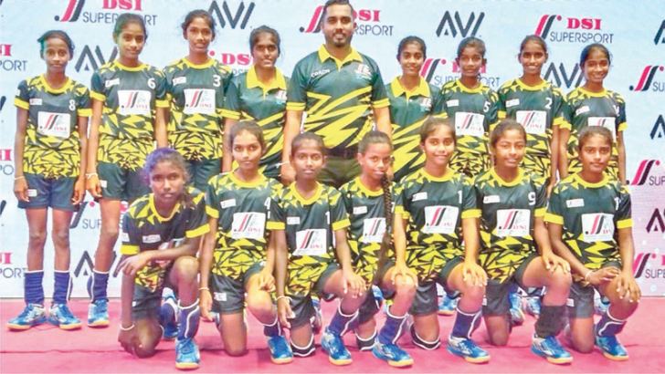 Vijayaba National School Hungama were the under 13 All Island DSI Volleyball Champions and they posed for a photograph just after the finals with the coach. (Picture by Dilwin Mendis Moatuwa Sports Special Correspondent)