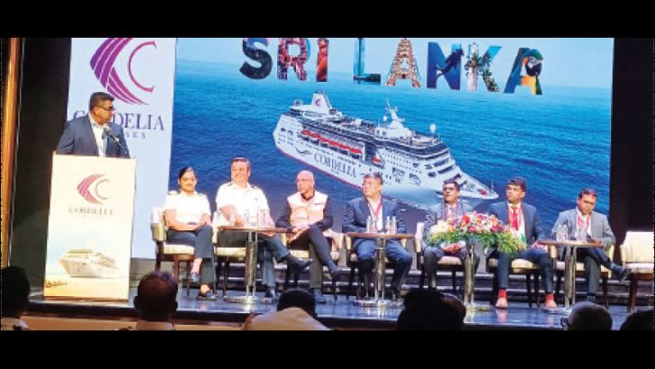 Hayleys Ruwan Waidyaratne addressing the event at the cruise ships marquee theater. Picture by Shirajiv Sirimane 
